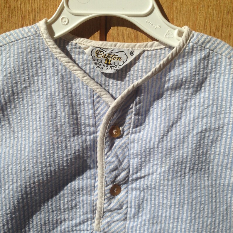 8 1970/'s Children/'s Boy/'s Seersucker Pajama Top Short Sleeve Stripes Mint Pastel Green Sz