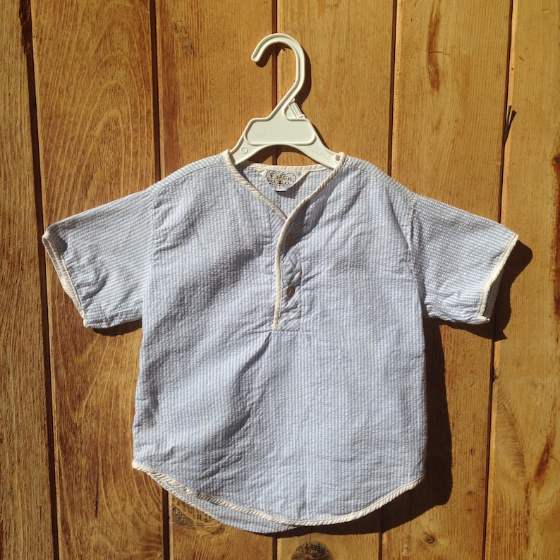 8 1970/'s Children/'s Boy/'s Seersucker Pajama Top Short Sleeve Stripes Mint Pastel Green Sz