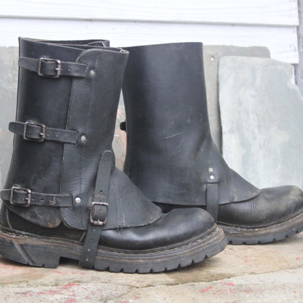 Vintage 1950's-80's Swiss Military Gaiters Spats / Leather / Black / *Steampunk* / one size fits all