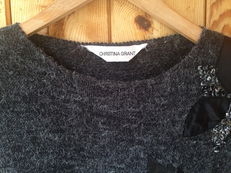 1980/'s Christina Grant Sweater Dress Wiggle Pencil Maxi Applique Long Sleeve Charcoal Grey S-M-L One Size