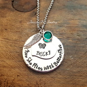 Now She Flies With Butterflies Necklace, Remembrance Necklace, Memorial Necklace, Infant Loss Necklace, Hand Stamped Memory Necklace