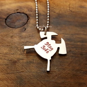 Firefighter Necklace, Firefighter Stay Safe Gift, Hand Stamped Fireman Helmet with Axes, Fireman Gift, Gift for Him or Her