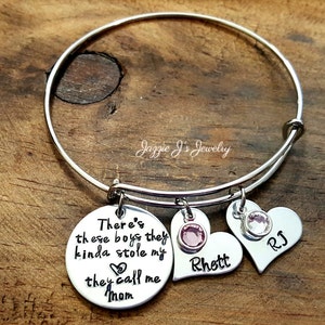 There's These Boys They Stole My Heart - They Call Me Mom Bangle Bracelet, Adjustable Bangle, Bracelet for Mom, Gift For Her, Kids Names