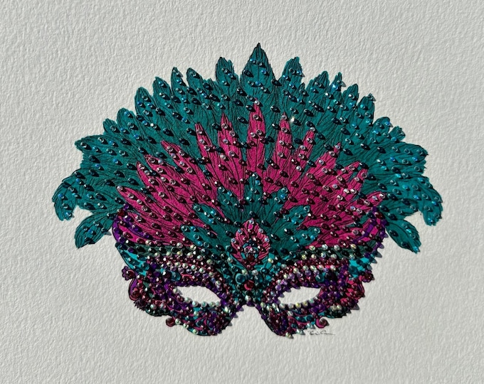 Featured listing image: Swarovski Crystal Adorned Original Drawing. Mardi Gras Mask Pink and Green