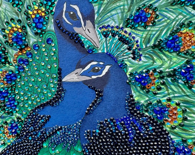 Featured listing image: Swarovski Crystal Adorned Original Drawing.  Blue Peacocks