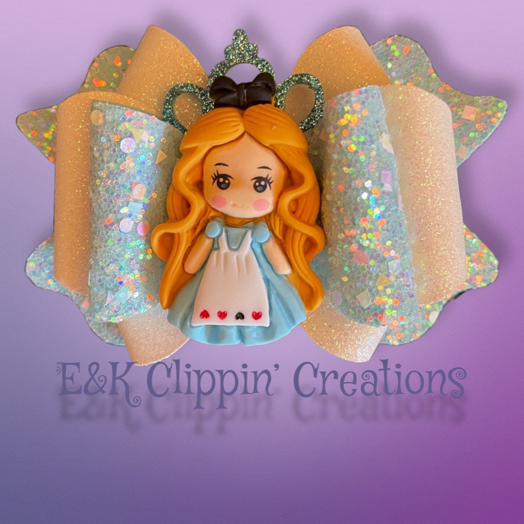 Alice in Wonderland Hair Bow Clay Hair Bow Glitter Hair Bow Girl Hair