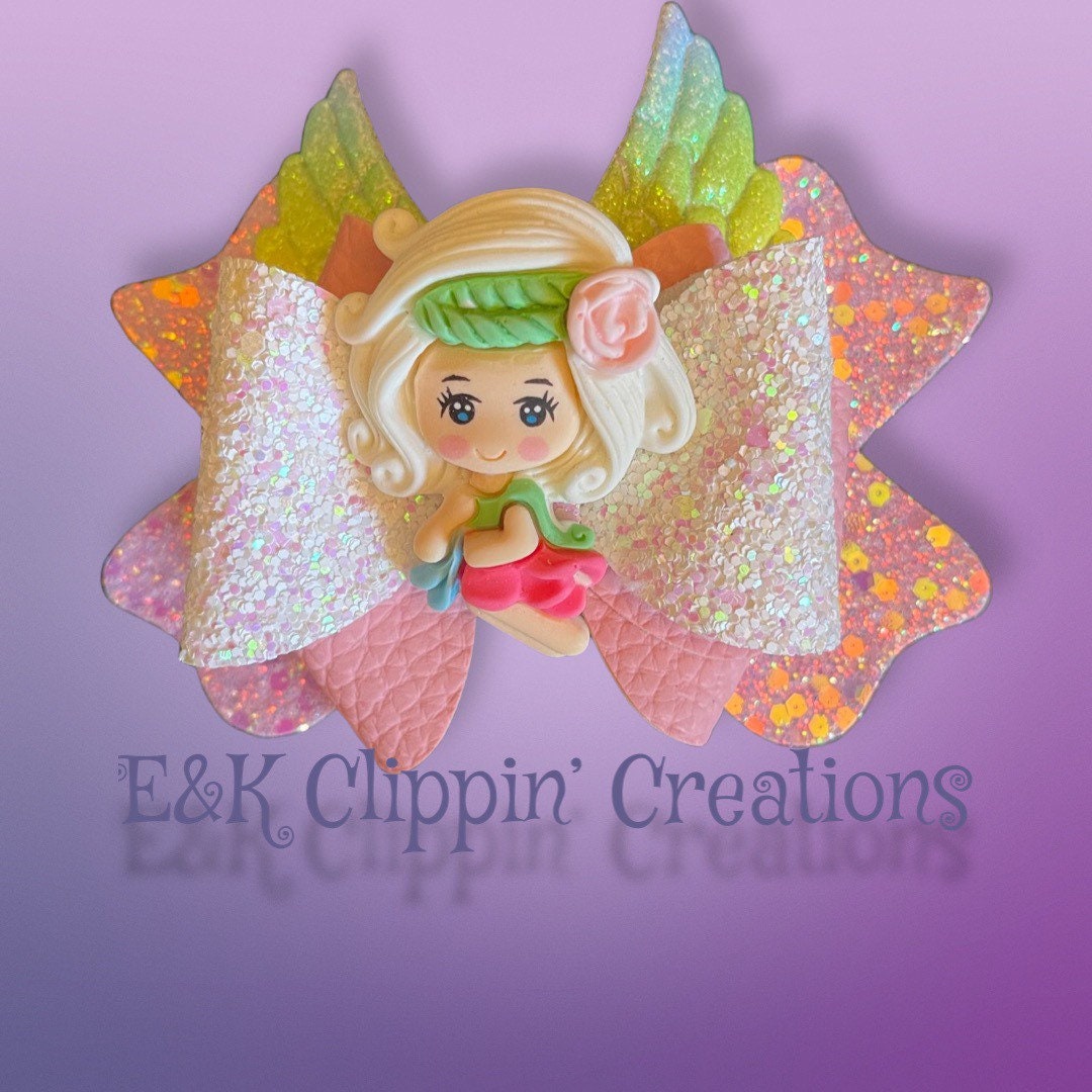 Fairy With Bright Color Wings Hair Bow Clay Hair Bow Glitter Hair Bow