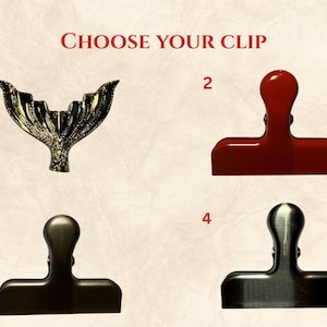 Peut inclure: Image présentant quatre modèles de clips différents. Les options incluent un clip en forme de queue de sirène, un clip rouge, un clip bronze et un clip argenté. Le texte "CHOOSE YOUR CLIP" est affiché en haut de l'image.