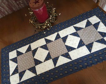 Quilted Blue Star Table Runner, Country Style Table Covering, Scrappy Table Mat, Farmhouse Table  Handmade Everyday Mat 12 1/2 x 28 1/2