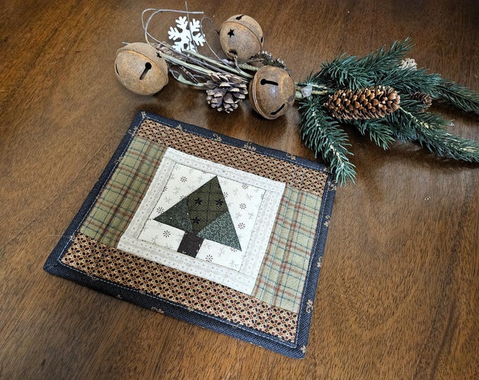 Quilted Christmas Tree Handmade Mug Rug, Holiday Coaster, Primitive ...