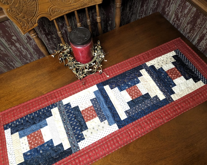 Quilted Americana Log Cabin Style Table Runner, Patriotic Red White and ...