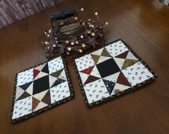 Quilted Mug Rugs , Ohio Star Mug Rugs ,Quilted Coasters ,Country Primitive  Rustic Scrappy Coasters ,Handmade Set of 2