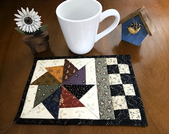 Quilted Pinwheel Mug Rug,  Country Coaster, Farmhouse Snack Mat, Coffee/Tea Mat, Handmade  6 1/2 x 9 1/2 inches