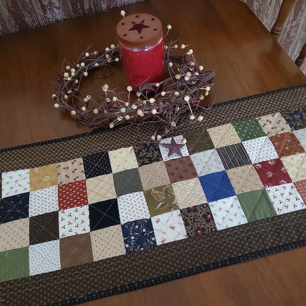 Quilted Scrappy Table Runner, Country Style Table Covering, Table Mat, Farmhouse Table Runner, Handmade Everyday Runner 12 1/2 x 28 inches