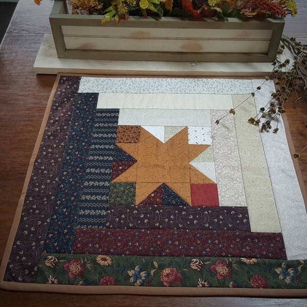 Quilted Table Topper /  Log Cabin Table Topper /Farmhouse Table Topper /  Primitive Decor/ Handmade