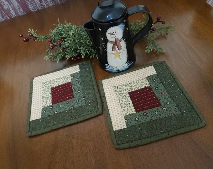Quilted Christmas Log Cabin Mug Rugs Country Rustic Farmhouse Coasters