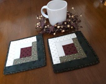 Quilted Log Cabin Coasters / Mug Rugs/ Handmade, Set of 2, Rustic Coaster, Insulated Mug Rug, Patchwork Coaster, Farmhouse Mug Rug