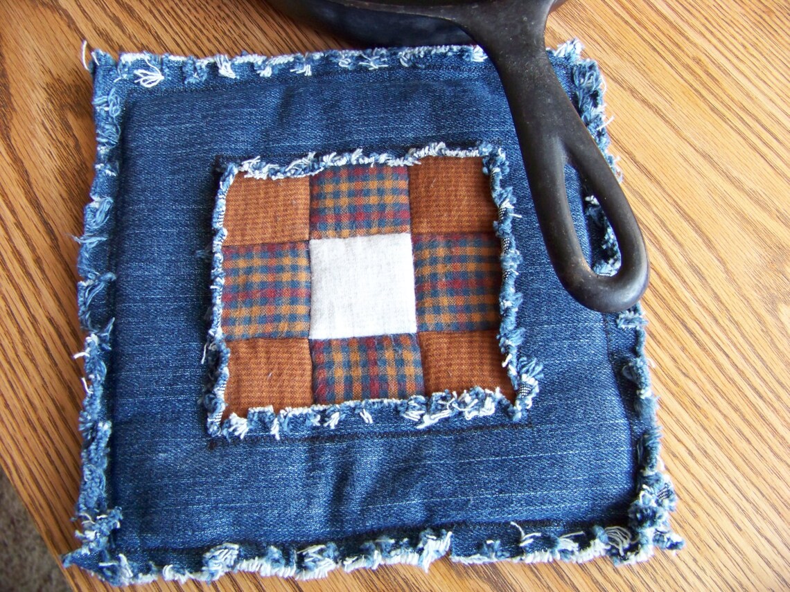 Denim Potholders Nine Patch Blue Jean Hot Pads Country Etsy