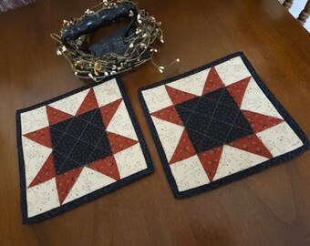Quilted Star Potholders, Country Hot Pads, Homemade Trivets, Handmade Farmhouse Everyday Potholders,  Set of 2