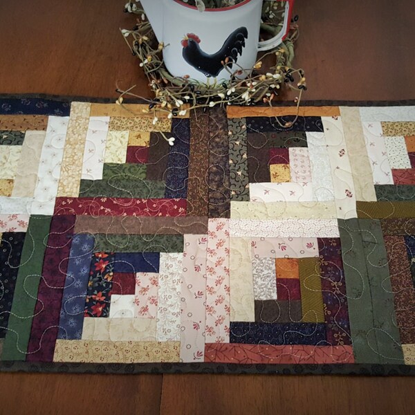 Quilted Table Runner / Log Cabin Table Runner /  Scrappy Table Runner / Primitive Quilted Table Runner