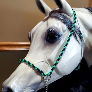 May include: A black and green braided rope halter with a silver chain lead rope attached. The halter is on a white horse head.