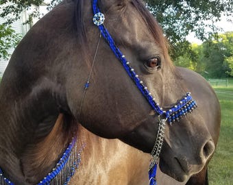 Hand Braided Arabian Style Show Halter Set, Horse Tack, BLUE / BLACK w/Bling Crystals---NEW!