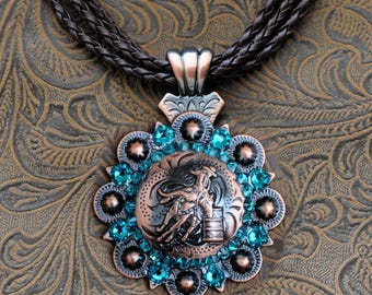 Western Concho Necklace, Copper Barrel Racer, Brown Braided Cords, **NEW**