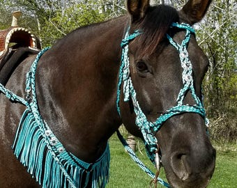 Halter-Bridle Combo, Breast Collar, Fringe, Bling Conchos, Horse Tack, TURQUOISE and BLACK  **New**