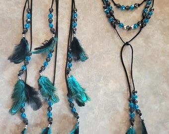 Gorgeous Mane and Tail Beads with Feathers!!  For Horses!  Bling Tack,  Arabian, Friesian, etc.  BLACK and TEAL on BLACK **New**