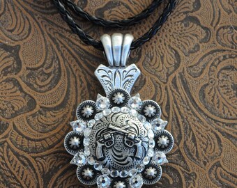 Gorgeous Bling Crossed Pistols Concho Western Necklace,  Antique Silver Concho, Braided Cords, AQHA **NEW**