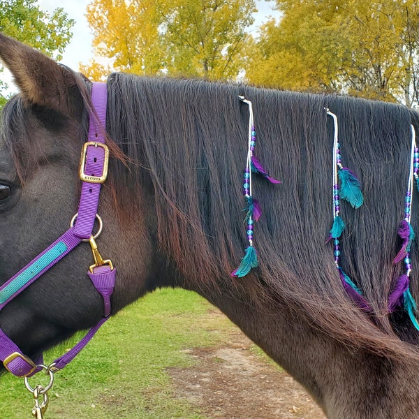 Gorgeous Mane and Tail Beads with Feathers!!  For Horses!  Bling Tack,  Arabian, AQHA,  Friesian, etc.  PURPLE and TURQUOISE **New**