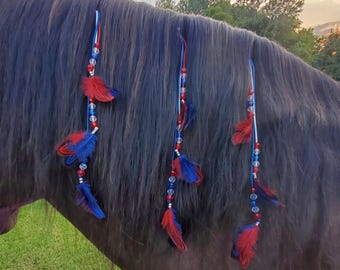 Gorgeous Mane and Tail Beads with Feathers!!  For Horses!  Bling Tack,  Arabian, Aqha, Friesian, etc.  RED, WHITE, BLUE **New**