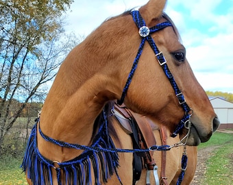 Stunning Hand Braided Headstall, Reins, Breast Collar w/Fringe, Horse Tack,  BLACK w/BLUE  **New**