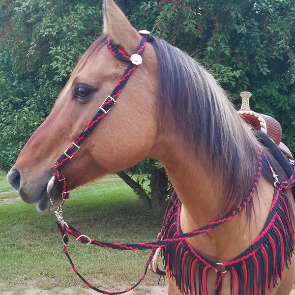 Stunning Hand Braided Headstall, Reins, Breast Collar w/Fringe, Horse Tack,  BLACK w/RED  **New**