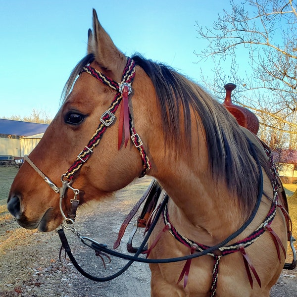 Stunning Hand Braided Headstall, Breast Collar, Conchos w/leather strings, Horse Tack,  BLACK, w/BURGUNDY and GOLD  **New**