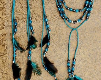 Gorgeous Mane and Tail Beads with Feathers!!  For Horses!  Bling Tack, Arabian, Friesian, etc.  BLACK / TEAL on TEAL!  **New**
