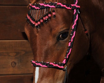 Stunning Hand Braided Miniature Show Halter,  PINK / BLACK,  All Sizes!   **New**