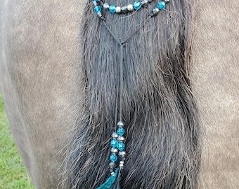Gorgeous Mane and Tail Beads with Feathers!!  For Horses!  Bling Tack,  Arabian, AQHA, Friesian, etc.  BLACK and TEAL **New**