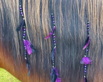 Gorgeous Mane and Tail Beads with Feathers!!  For Horses!  Bling Tack,  Arabian, AQHA,  Friesian, etc.  BLACK and PURPLE **New**