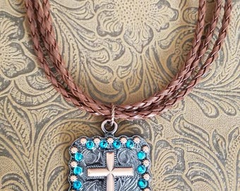 Gorgeous Cross Pendant Western Necklace, Copper, Braided Cords, Crystals NBHA, AQHA **NEW**