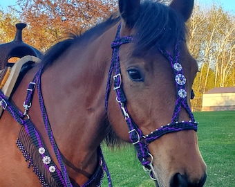 Stunning Halter-Bridle Combo, Breast Collar, Bling Conchos, Horse Tack, BLACK w/PURPLE  **New**
