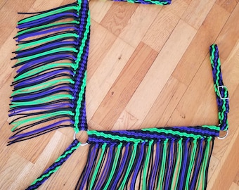 Stunning Hand Braided Breast Collar w/Fringe, Bling Horse Tack,  BLACK/PURPLE & MINT  **New**
