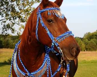 Stunning Hand Braided Bridle with Beaded Browband and noseband, Horse Tack,  BLUE w/ TURQUOISE   **New**