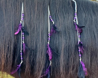 Gorgeous Mane and Tail Beads with Feathers!!  For Horses!  Bling Tack,  Arabian, AQHA,  Friesian, etc.  BLACK and PURPLE **New**