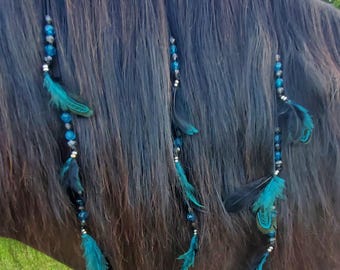 Gorgeous Mane and Tail Beads with Feathers!!  For Horses!  Bling Tack,  Arabian, Friesian, etc.  BLACK and TEAL on BLACK  **New**