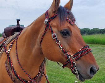 Stunning Hand Braided Halter-Bridle, Reins, Breast Collar, w/Beading, Horse Tack,  BLACK w/RED   **NEW**