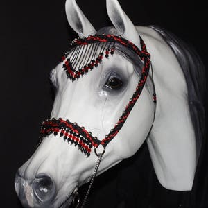 Hand Braided Arabian Style Show Halter w/Browband, Horse Tack, BLACK / RED ---New!
