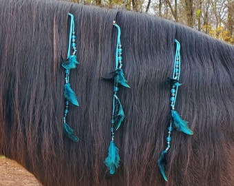 Gorgeous Mane and Tail Beads with Feathers!!  For Horses!  Bling Tack,  Arabian, Friesian, etc.  BLACK and TURQUOISE **New**