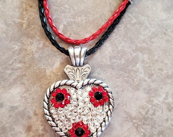 Gorgeous Bling Heart Concho Western Necklace,  Antique Silver, Braided Cords, Crystals AQHA **NEW**