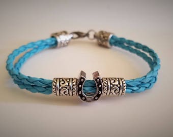 Horseshoe Bracelets,  You choose the colors!  Braided Leather Cords,  **NEW**